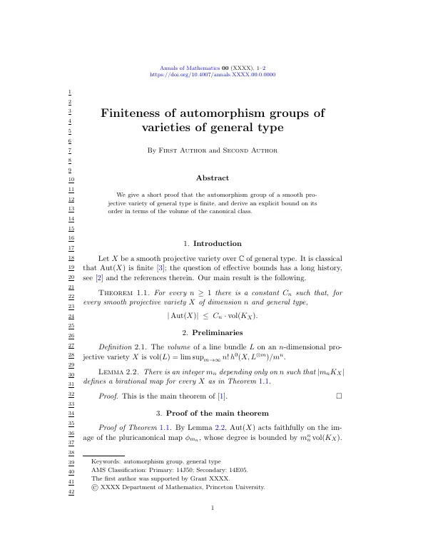 First page of Annals of Mathematics (aomart)