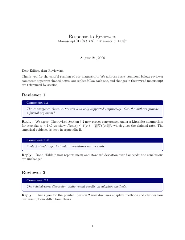First page of Response to Reviewers